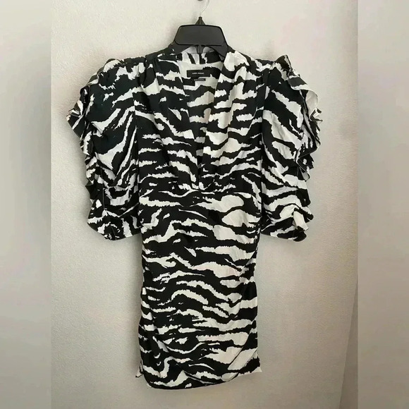 Isabel Marant Zebra Print Puff Sleeve Stretch Silk Minidress - Picture 3 of 7